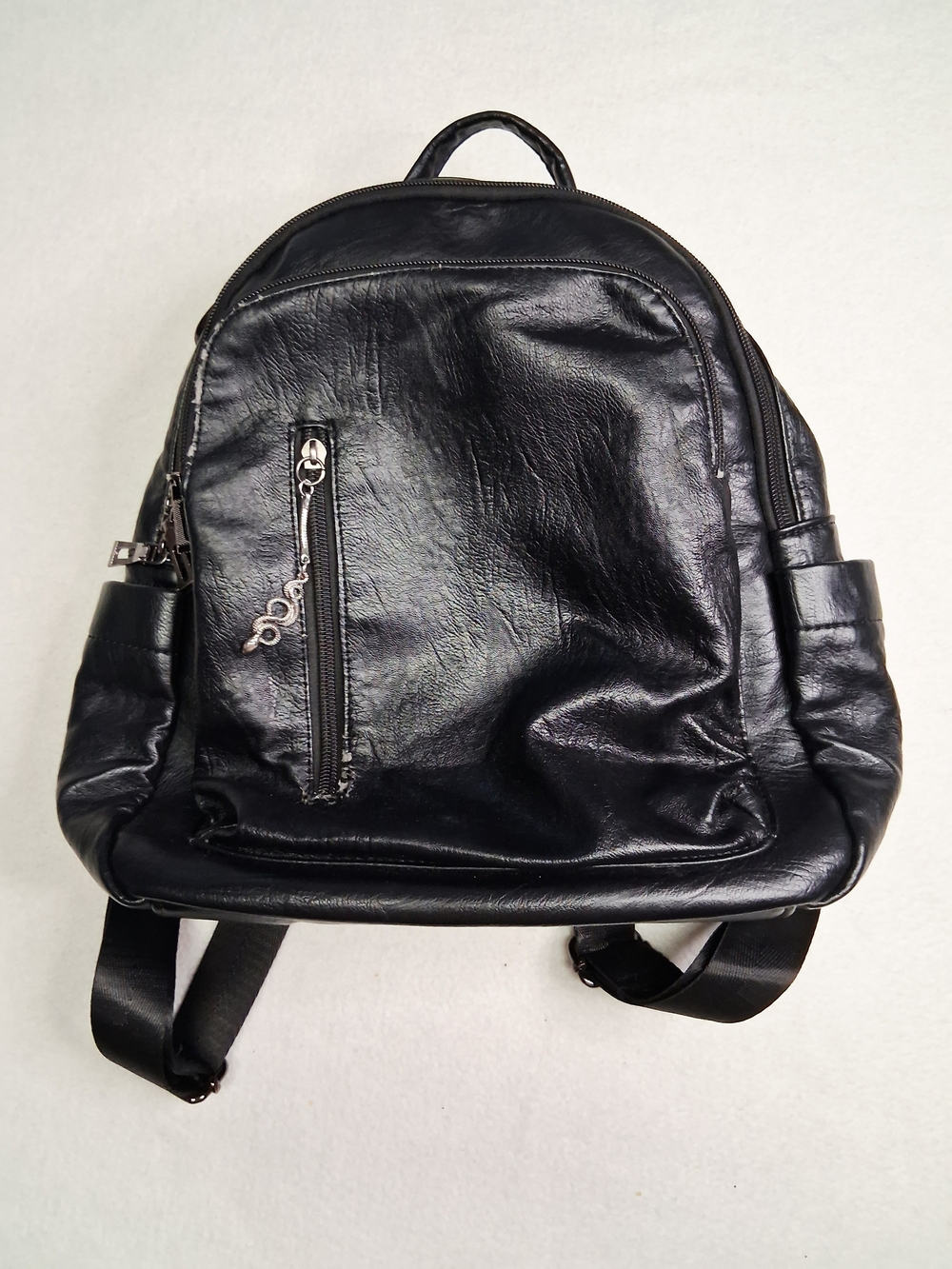 Black Faux Leather Backpack with Front Zip Pocket